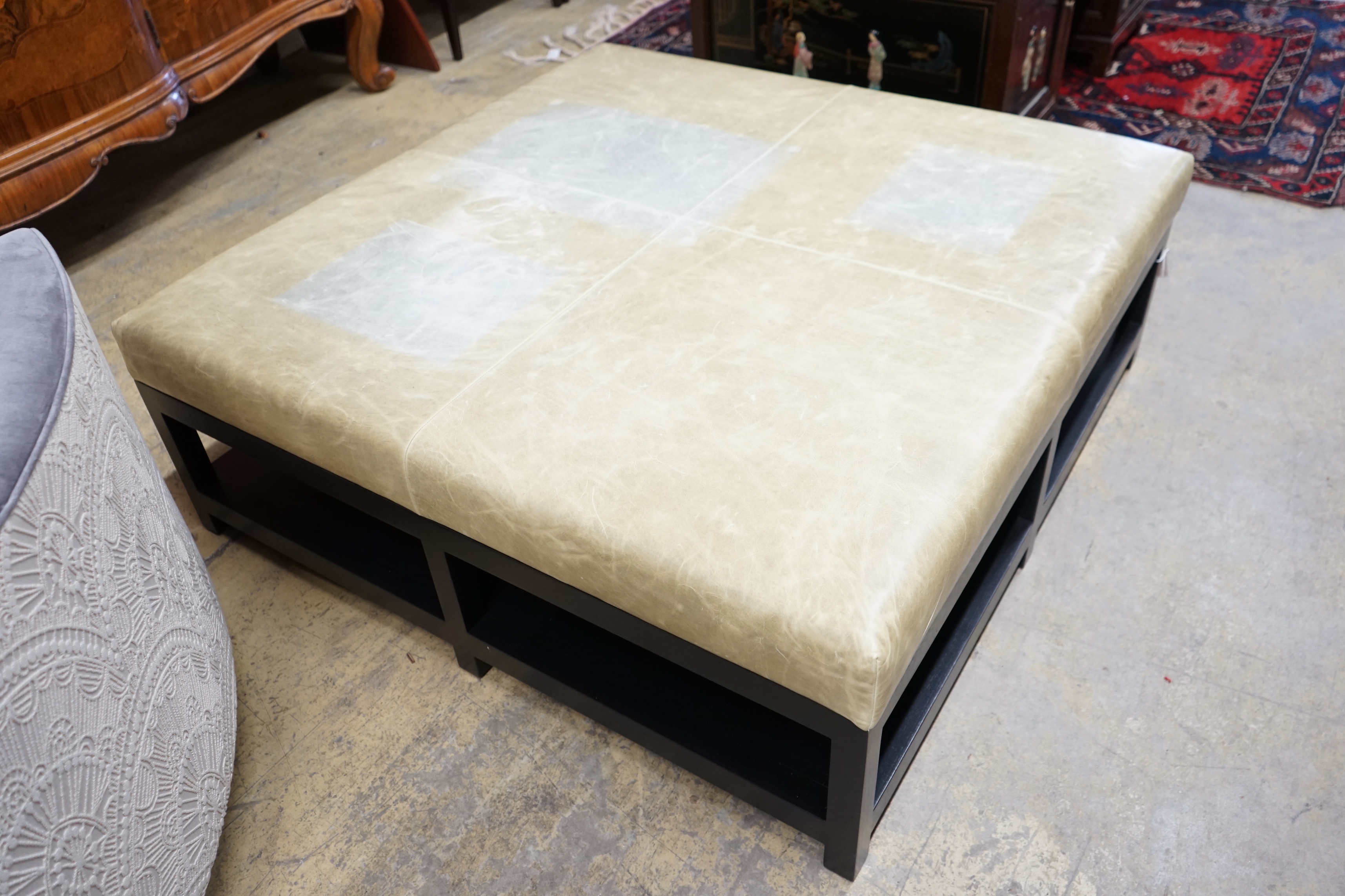 A custom made Bray Design square ottoman stool with Altfield Moore Domaine Cloud Grey leather top, 120cm, height 44cm
